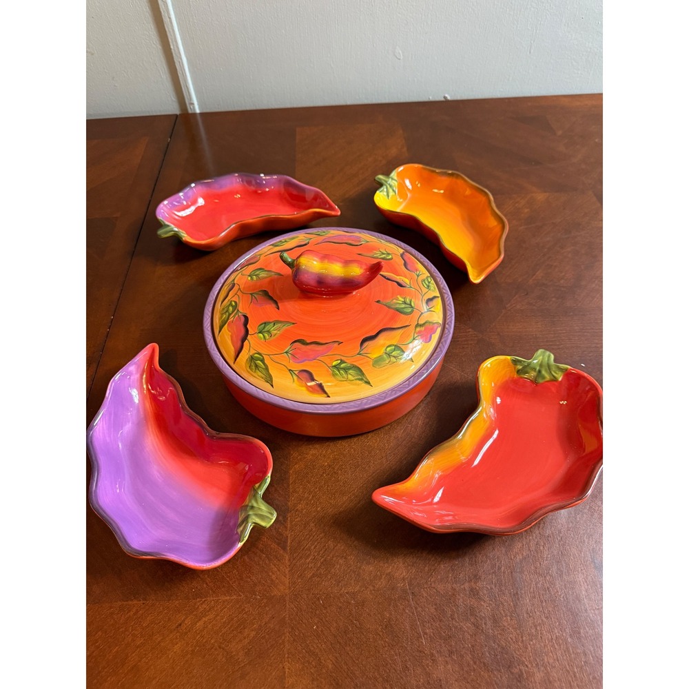 Clay Art Chili Fiesta Ceramic Serving Set Hand Painted Peppers StoneLite